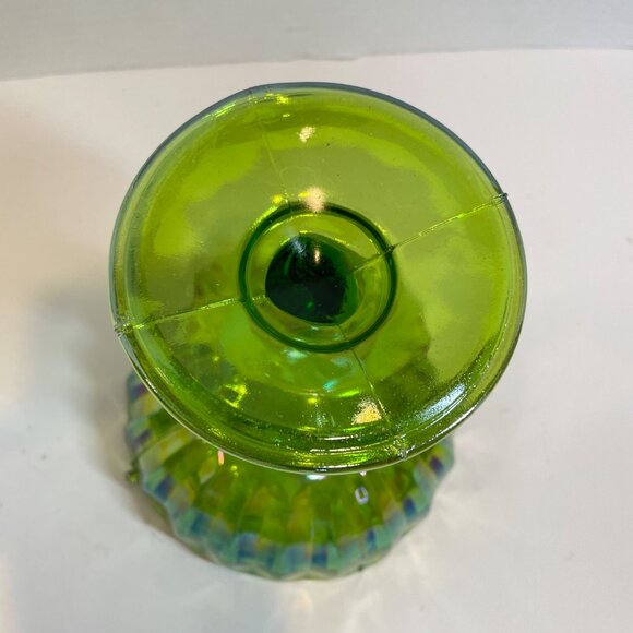 Green Carnival Glass Compote Dish With Swirled Stem Design & Scalloped Edge Vint - Picture 3 of 8